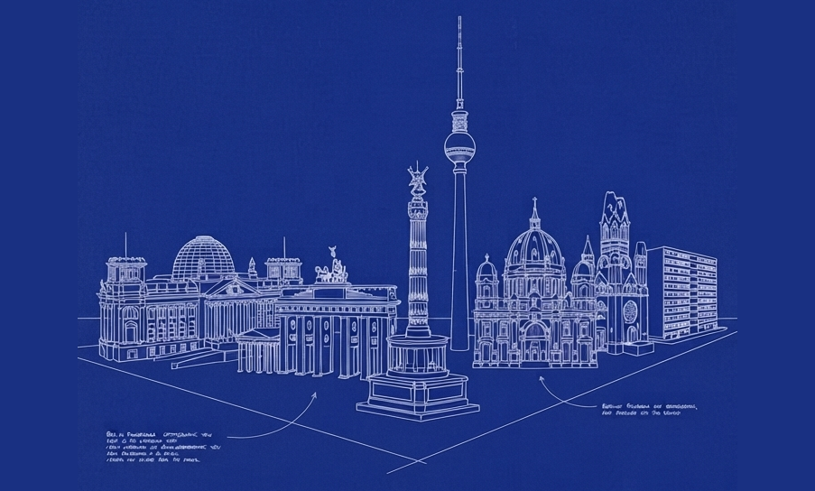 Berlin skyline drawn as an architectural blueprint — Reichstag, Brandenburg Gate, Siegessäule, Fernsehturm and Berliner Dom in white line-art on deep blue